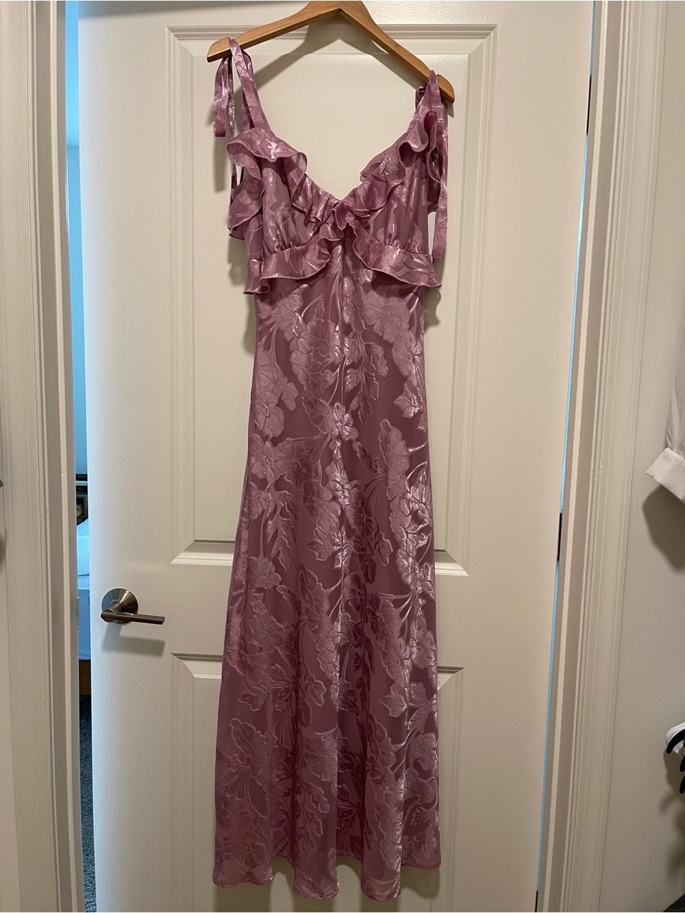 RIHOAS Dusty Mauve Floral Satin Maxi with Ruffle Straps